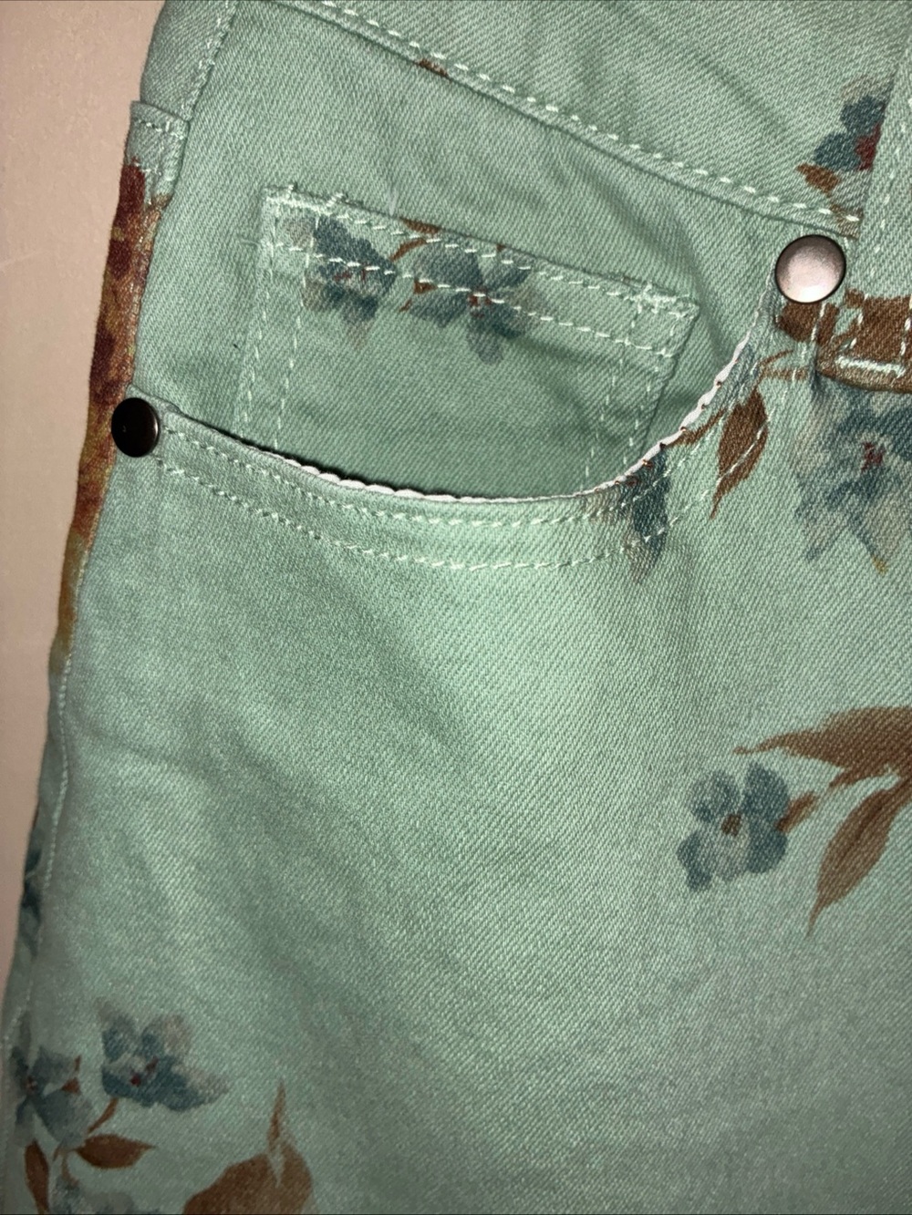 Floral Wide Leg Jeans in Mint with Brown Rose Print - Picture 3 of 9